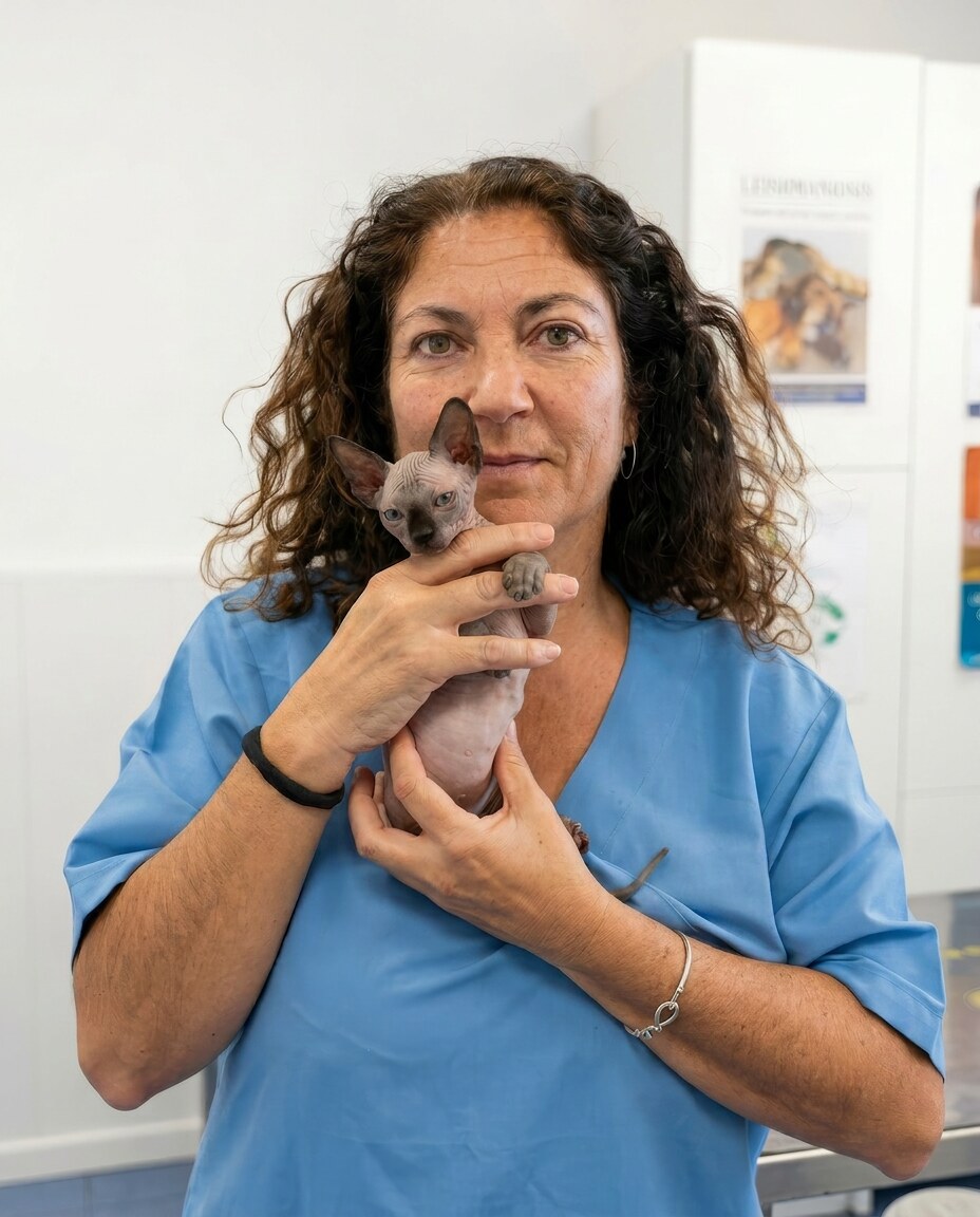 Esther Lechuga López con un gato en Clínica Veterinaria La Urba